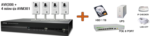 โปรโมชั่นชุดกล้องวงจรปิด AVTECH CCTV - เครื่องบันทึก AVH306 พร้อมกล้อง รุ่น AVM301 4 ตัว