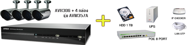 โปรโมชั่นชุดกล้องวงจรปิด AVTECH CCTV - เครื่องบันทึก AVH306 พร้อมกล้อง รุ่น AVM357A 4 ตัว